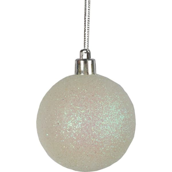 Sæt med 6 hvide plastkuler med glitter, 6 cm