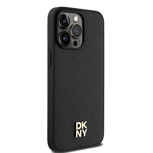DKNY Lædermonogrammønster Metal Logo MagSafe-etui til iPhone 15 Pro Max, Sort