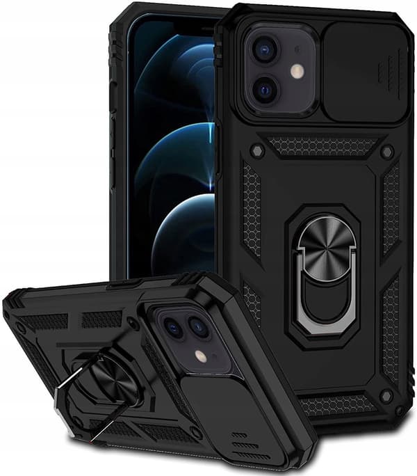 iPhone 12 cover Slide Armor Defender sort ring + glas