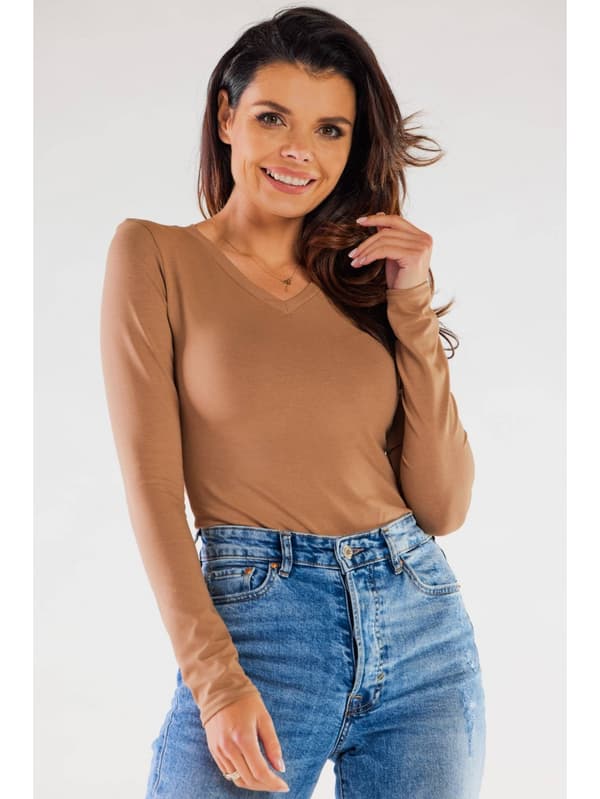 Enkel bomullsblus med V-ringning, beige M
