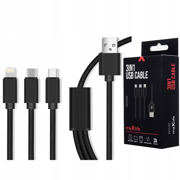 Maxlife 3-i-1 USB-kabel - Lightning + USB-C + microUSB 1,0 m 2,1A sort