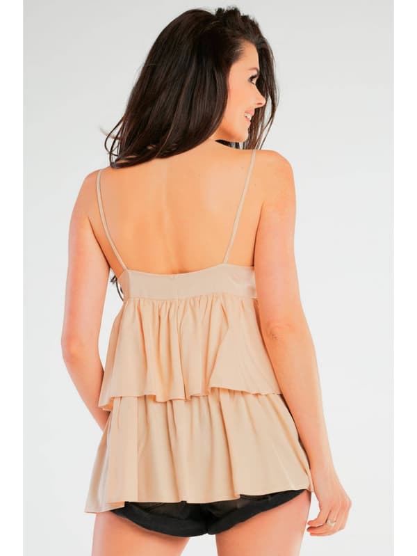 Sommerbluse, løs med stropper og flæser, beige L/XL