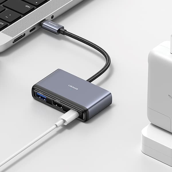 USAMS HUB 5-in-1 -sovitin USB 2.0/USB 3.0/USB-C/TF/SD Harmaa