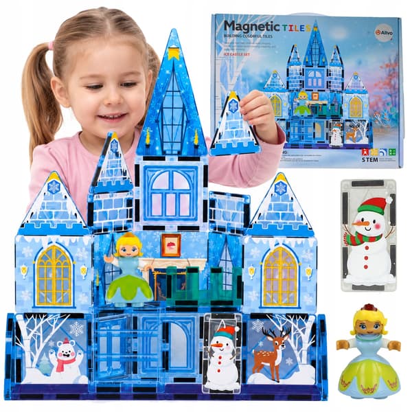 Set med magnetiska byggklossar 3D stora paneler vinterslott 35 st.