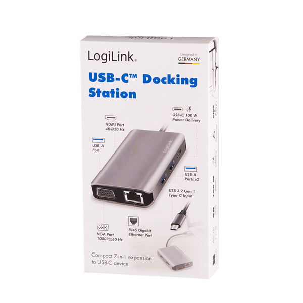 LogiLink USB-C 7-i-1 Dockingstation USB 3.2 Gen1 PD 100W 4K Grå