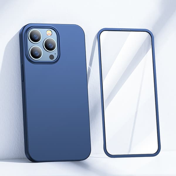 Cover til iPhone 13 Pro Max, bag- og forcover + hærdet glas, blå