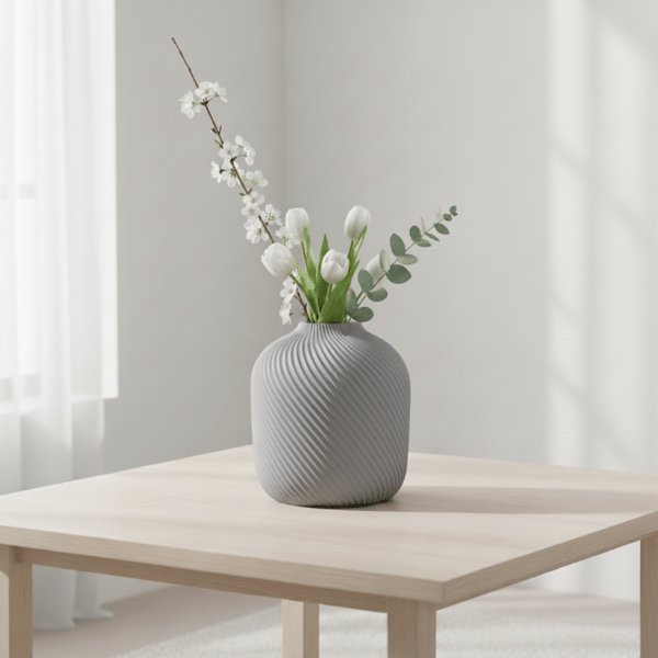 Moderne, minimalistisk, rillet grå vase til blomster og græsser