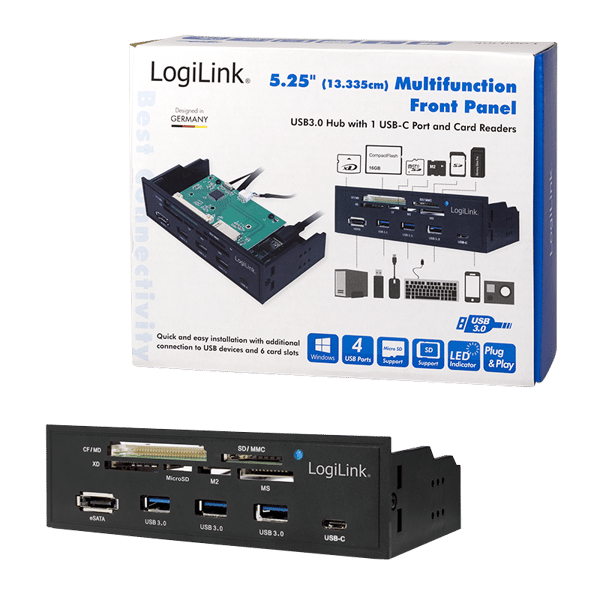 LogiLink 5,25” PC HUB multifunktionspanel 6-i-1 USB 3.0 eSATA-kortlæser