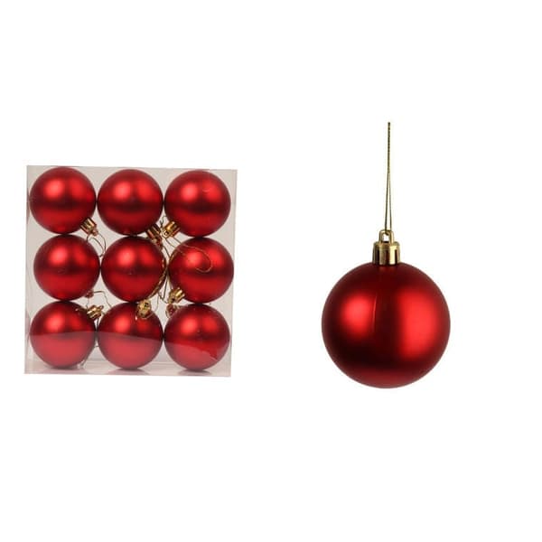 Set med 9 röda plastkulor, 6 cm stora