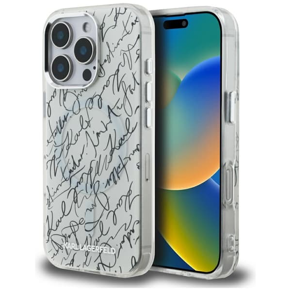 Karl Lagerfeld IML Karl Script Pattern MagSafe -kotelo iPhone 16 Prolle, valkoinen