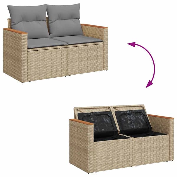 vidaXL Trädgårdssoffa med kuddar, 2-sits, beige, polyrotting