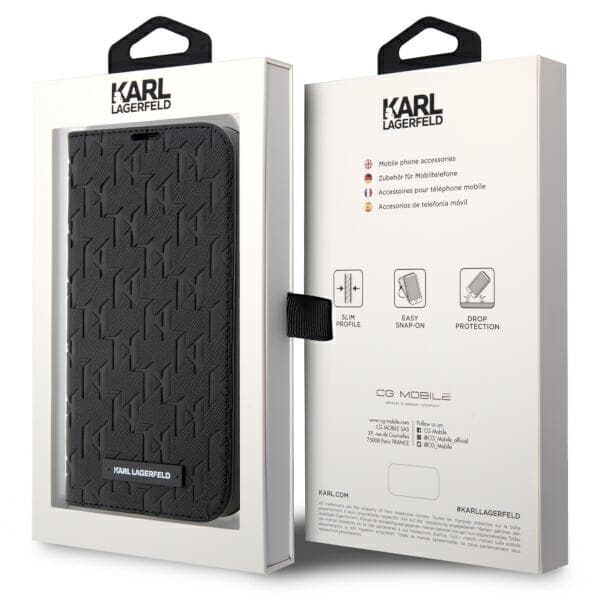 Karl Lagerfeld Saffiano Monogram Flip-etui til iPhone 14 Pro, Sort
