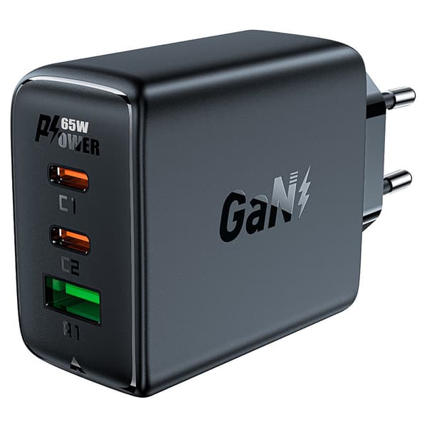 GaN Hurtig Vægoplader 2x USB-C USB-A PPS PD QC4+ 65W Sort