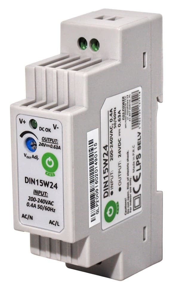 DIN-strømforsyning 15W 24V/0,63A, plastik