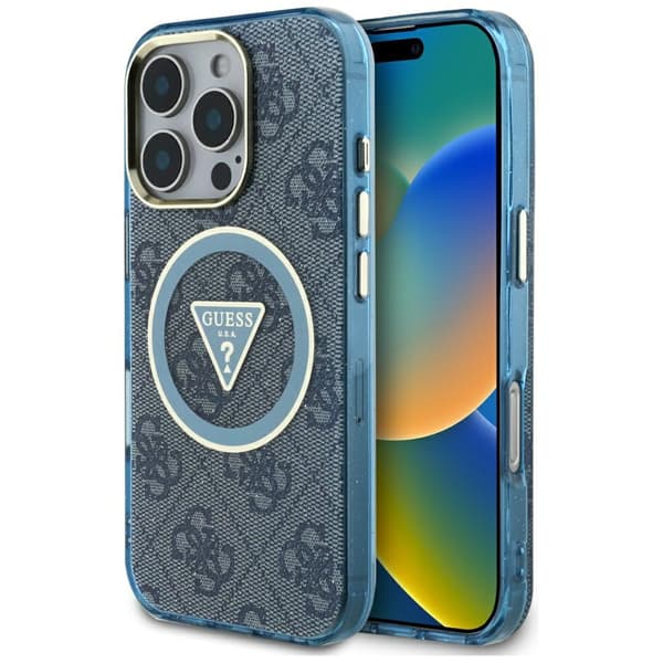 Guess IML Metal Glitter 4G Circle Triangle MagSafe-etui til iPhone 16 Pro blå