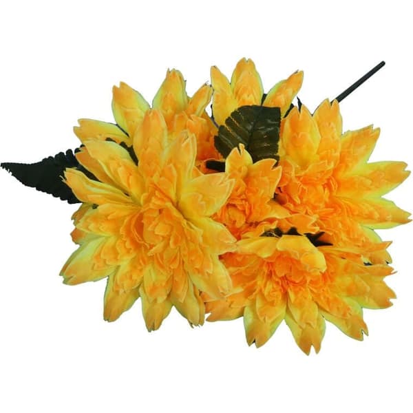 En bukett konstgjorda blommor, 7 dahlior med gula ormbunksblad