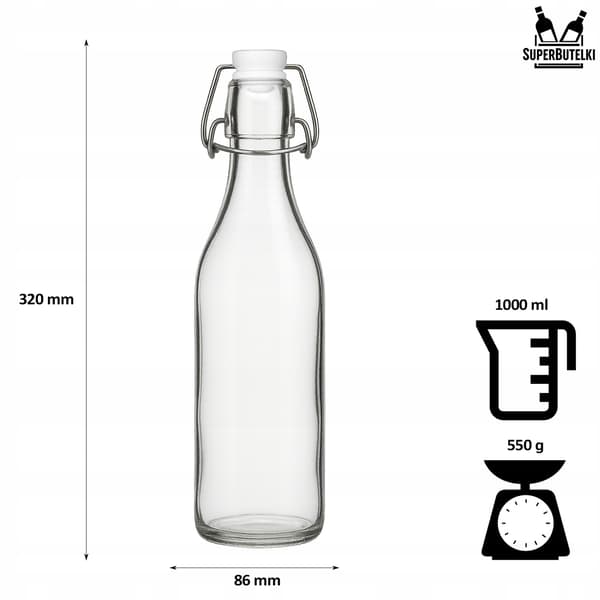 Set - 5 x runda flaskor med klämma - 1000 ml