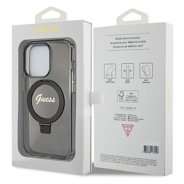 Guess Ring Stand Script Glitter MagSafe-skal till iPhone 14 Pro Max, svart