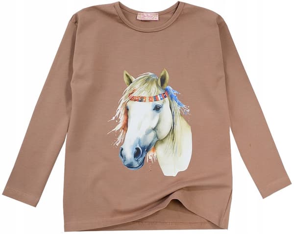 Pige bluse bomuld langærmet hest brun 122