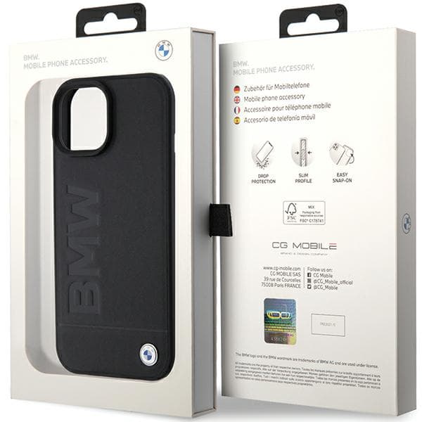 BMW Læder Hot Stamp MagSafe-etui til iPhone 15 Plus, Sort