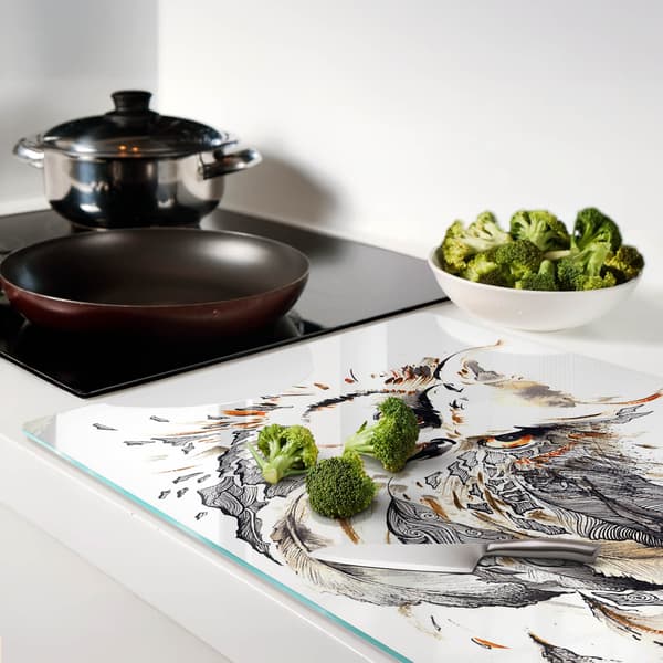 Dekorativ glastavle med grafisk ugle til servering af snacks 80x52 cm