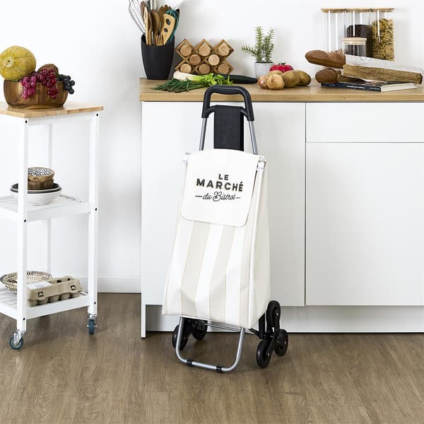 Bistrot-ostoskärry 6 pyörää beigenvärinen raidallinen