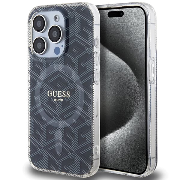 Guess IML GCube MagSafe -kotelo iPhone 15 Prolle, musta