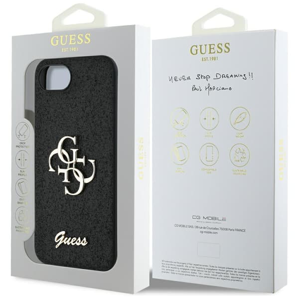 Guess Fixed Glitter Big 4G Metal Logo cover til iPhone 16e, sort