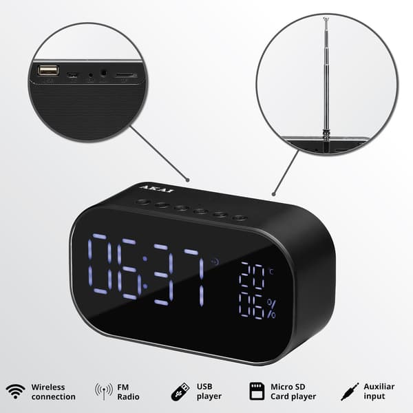 AKAI ABTS-S2 Clockradio 2×3 W RMS Bluetooth 4.2 FM USB TF AUX Sort