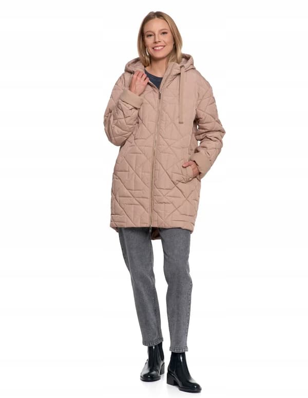 Elegant dameovergangsjakke med hætte, varm til efteråret MORAJ S/M BEIGE