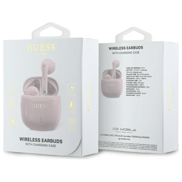 Guess Printed Classic Logo TWS Bluetooth-hovedtelefoner + Dockingstation, Pink