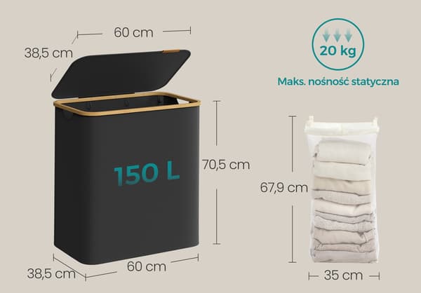 Musta pyykkikori kannella 150 l