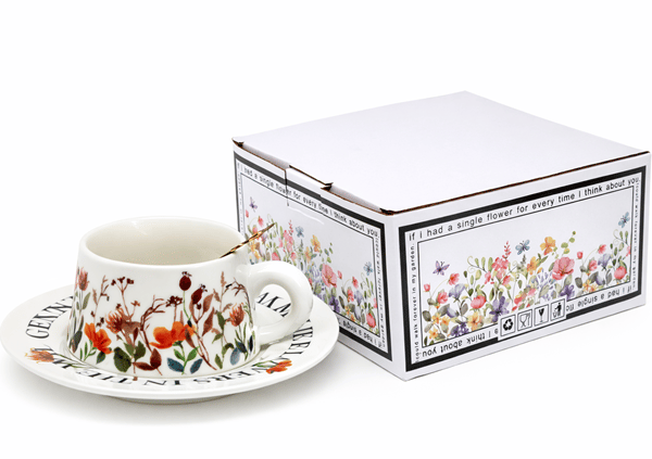 Jumbo 300 ml kopp med fat Vildblommor + guldsked