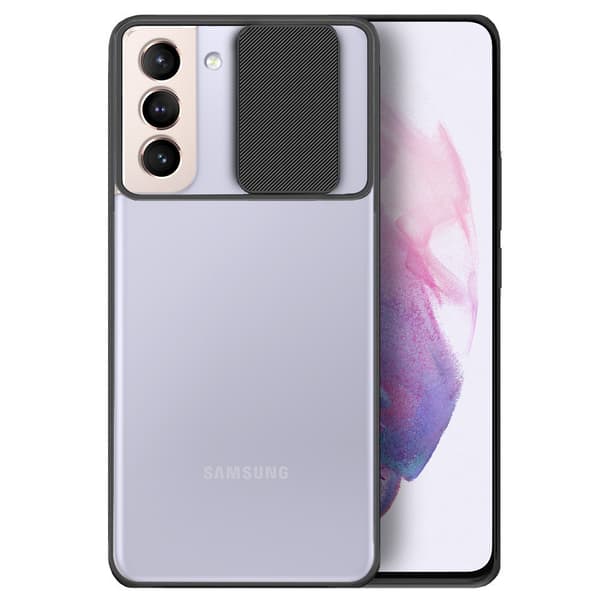 Samsung Galaxy S21+ Plus -kotelo, kamerasuojalla, läpinäkyvä / musta
