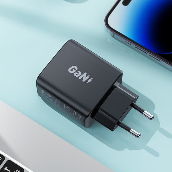 Hurtig GaN 35W PD 2x USB-C vægoplader sort