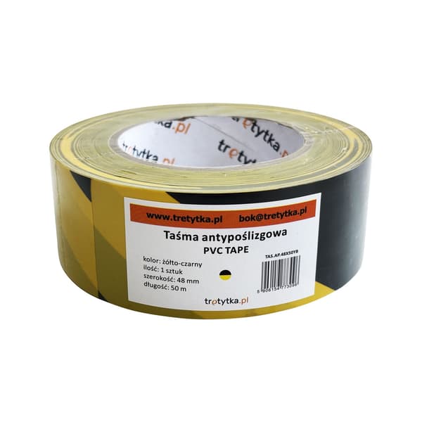 PVC-varoitusteippi, itseliimautuva, 48 mm x 50 m, keltainen/musta