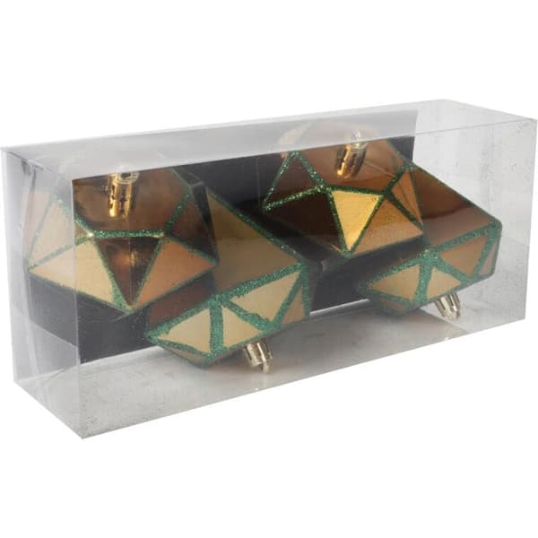 Sæt med 4 guldfarvede diamantformede plastkuler med grønt glitter, 10 cm