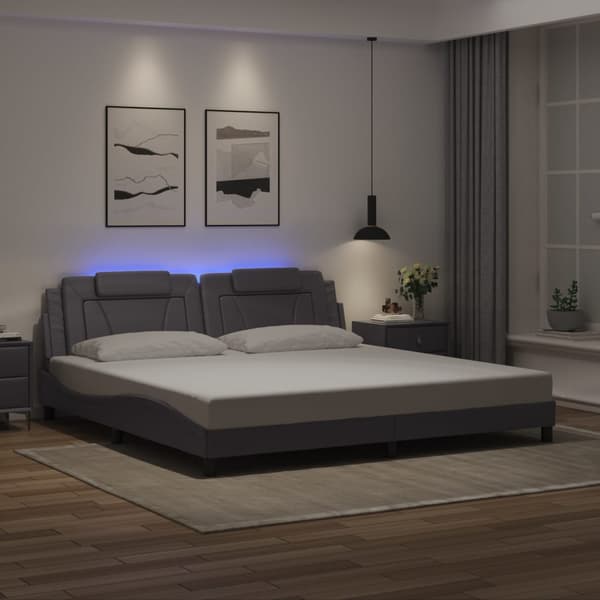 vidaXL sengestel med LED-lys, grå, 200x200 cm, kunstlæder