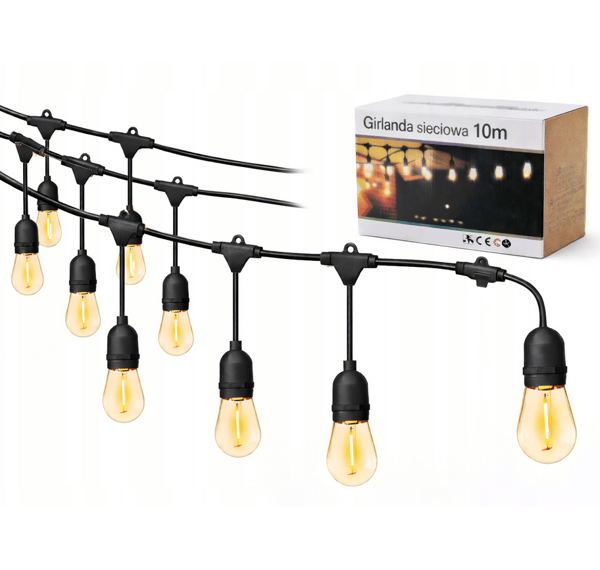 Dekorative udendørslamper, 10m kabel, 10 LED E27