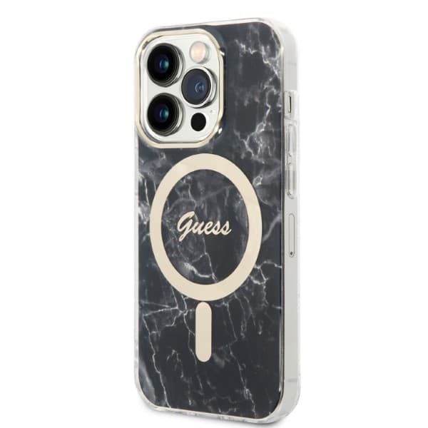 Guess Marble MagSafe-etui + opladersæt til iPhone 14 Pro, sort