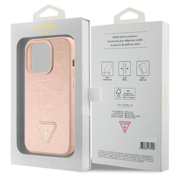 Guess Croco Triangle Metal Logo-cover til iPhone 15 Pro, lyserød