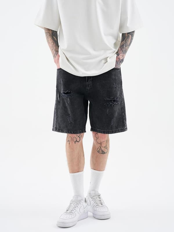 MyStars Svarta Basic Herr Mörkgrå Slitna Jeansshorts 30