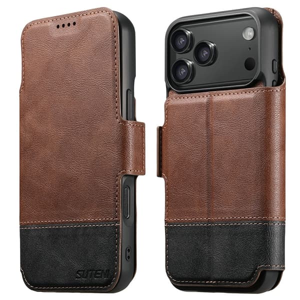 SUTENI 2-i-1 Flip-cover til iPhone 17 Pro, MagSafe-resistent, brun