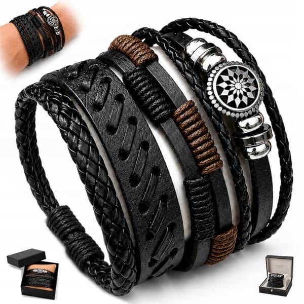 TJOCKT HERRARMBAND I läder, 4-PACK, TITANIUMARMBAND, present