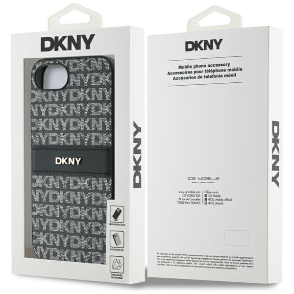 DKNY Repeat Texture Pattern with Tonal Stripe -suojakuori iPhone 16e:lle, musta
