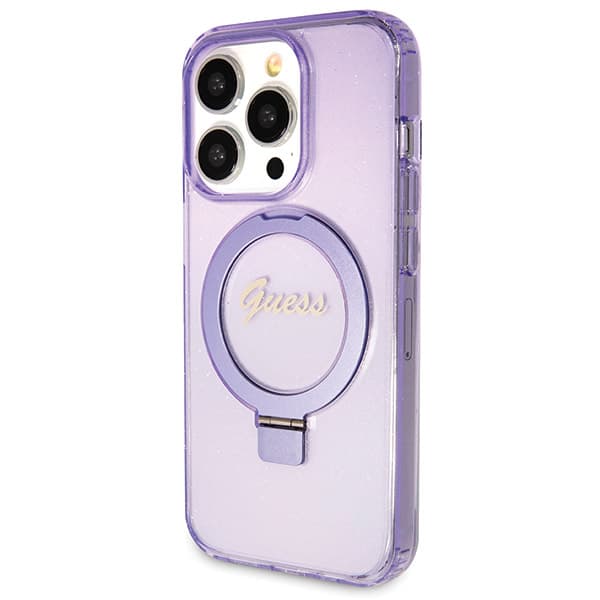 Guess Ring Stand Script Glitter MagSafe-skal till iPhone 13 Pro Max, Lila