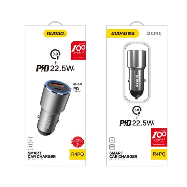 USB-A USB-C PD QC 22.5W Billaddare - Grå