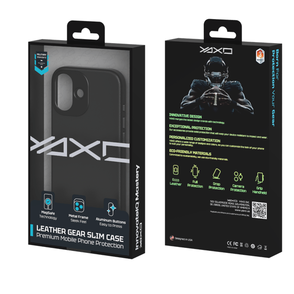 Yaxo Leather Gear Slim -kotelo MagSafe iPhone 17:lle, pölynmusta
