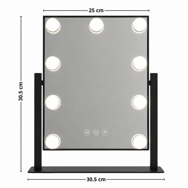 Makeupspejl sort makeup Hollywood 30,5x30cm 9 LED lysfarver