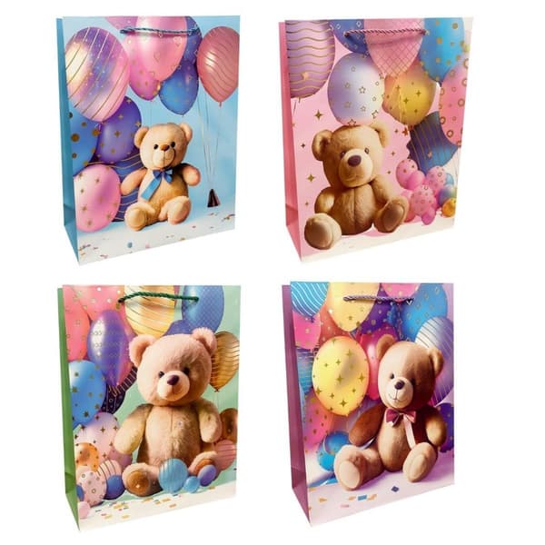 Børnegavepose M bamse med balloner mix